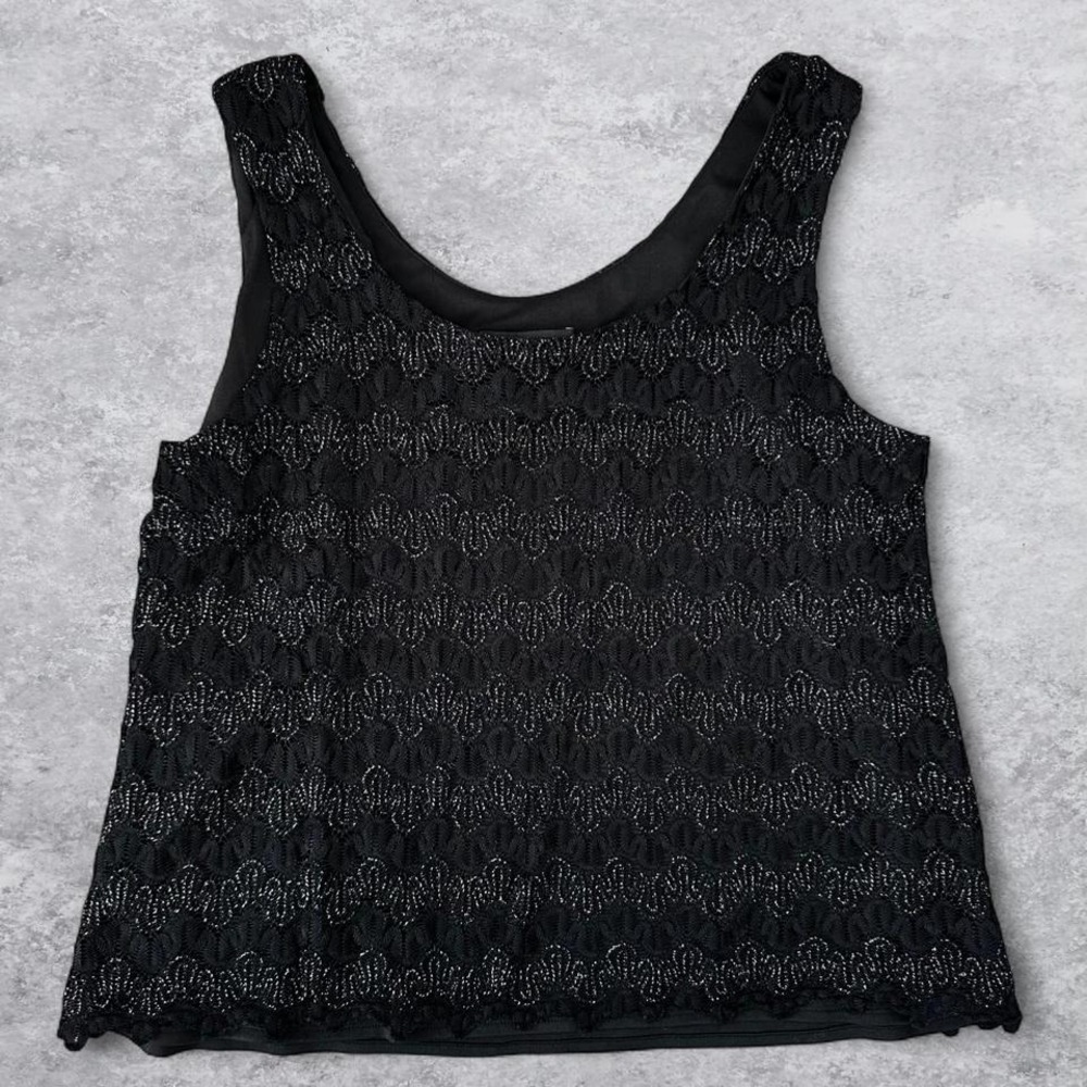 Dressbarn Black Silver Lace Sleeveless TankTop Scoop Neck Scalloped Lined Blouse